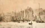 English, A dockyard with figures tending their boats by William Lionel Wyllie, etching, sold Apr 2021