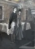 British, A study of a lady and gentleman in riding outfits in a lavish interior by John da Costa, mixed media, offered Apr 2021