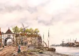 Dutch, A Dutch Port scene with a figure loading produce onto a boat with windmills and ships beyond by Jan Van Couver, watercolour, sold Apr 2021