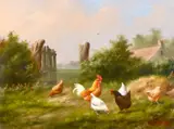 Dutch, A scene of chickens by a gate in a field by Hilaire Bols, oil on panel, sold Apr 2021