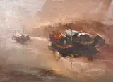 Chinese junks in calm waters with mountains beyond by Ngai Sing, oil on canvas, offered Apr 2021