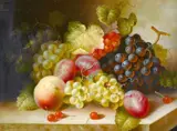 A still life of fruit and vines on a marble shelf by R. Casper, oil on panel, sold Apr 2021
