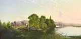 British, Anglers by a river with sailboats beyond by Edwin Henry Boddington, oil on canvas, sold Apr 2021