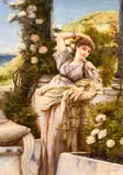 A scene of an elegant female in classical robes in a formal garden by D. Parker, oil on canvas, offered Apr 2021