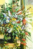 A still life of abundant mixed flowers in an urn by L Clayton, oil on canvas, sold Apr 2021