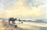 Danish, A horse and cart on a beach with a figure gathering seaweed by Cornelius Schipper, oil on canvas, sold Apr 2021