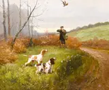 French, A pair of oil on canvas scenes of a huntsman and his dogs, each signed, each 15" x 18 by Eugène Petit, oil on canvas, sold Apr 2021