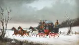 British, Figures on a horse and cart riding through a snowy landscape by Philip Henry Rideout, oil on canvas, sold Apr 2021
