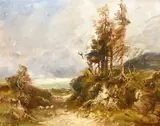 British, A scenic path leading to a lake with sheep grazing by Carl Brennir, oil on board, sold Apr 2021