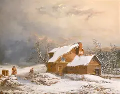 British, A winter landscape with figures gathering provisions for their cottage by William Malbon, oil on board, sold Apr 2021