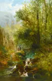 British, Figures approaching a bridge by a waterfall with trees and mountains by William Widgery, oil on canvas, sold Apr 2021