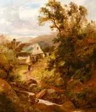 British, Wayfarers on a country path with a watermill beyond by Alfred Hinley, oil on canvas, sold Apr 2021