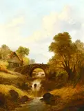 British, an angler on a mountain stream with a watermill and bridge beyond by J. Andrews, oil on canvas, offered Apr 2021