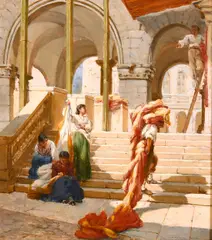 Preparing for the Festival' with Spanish figures on the steps by Frank William Warwick Topham, oil on board, offered Apr 2021