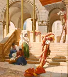 Preparing for the Festival' with Spanish figures on the steps by Frank William Warwick Topham, oil on board, offered Apr 2021