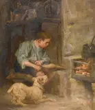 British, A young boy in a cottage interior stoking a fire by Robert Easton Stuart, oil on canvas, offered Apr 2021