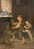 British, A young boy in a cottage interior feeding dogs by Robert Easton Stuart, oil on canvas, offered Apr 2021