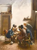 Seated gentlemen in a townhouse considering a letter by Louis Dubois, oil, offered Apr 2021