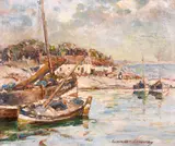 Scottish, a coastal scene with boats and figures beyond by Gertrude Mary Coventry, oil on canvas, sold Apr 2021