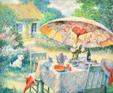 Belgian, An Impressionist garden scene with a parasol and a dog by Jos Pauwels, oil on canvas, offered Apr 2021