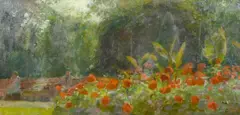 British, A scene of figures on park benches with red flowers in the foreground by Fred Dubery, oil on board, sold Apr 2021