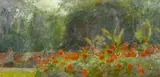 British, A scene of figures on park benches with red flowers in the foreground by Fred Dubery, oil on board, sold Apr 2021