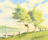 British, Figures and a boat by a tree lined river by Eric Oldham, oil on canvas, offered Apr 2021