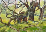 Canadian/British, A study of trees in a landscape by Llewellyn Petley-Jones, oil on board, sold Apr 2021
