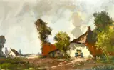 Belgian, Farm buildings with chickens in the yard by Henri Joseph Pauwels, oil on canvas, sold Apr 2021