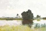 British, Figures punting on a tree lined river by John M. Bromley, oil on canvas, sold Apr 2021
