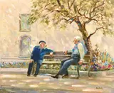 A Continental impressionist scene of two men sitting on a bench by Cecil Cooke, oil on canvas, sold Apr 2021