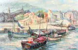 A scene of boats moored at a busy Continental town quay by John Clymen, oil on canvas, offered Apr 2021