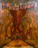 British, A scene of figures standing before an apocalyptic structure by James Proudfoot, oil on canvas, offered Apr 2021