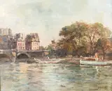 French, Boats on the River Seine with buildings and a bridge beyond by Gustave Madelain, oil on canvas, sold Apr 2021