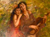 Hungarian, A scene of two females singing with one holding a violin by Jeno Dukai Takach, oil on canvas, sold Apr 2021