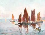 Australian, a figure on a boat making his way to sailboats anchored near the coast by Charles David Jones Bryant, oil on canvas, sold Apr 2021
