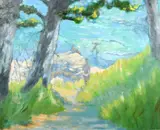 Falmouth, A figure on a pathway between trees, with surfers beyond by Barbara Haines, oil on canvas, offered Apr 2021