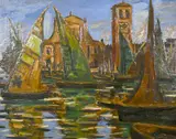 German, Sailboats in harbour with mountains beyond by Fritz Scherer, oil on board, offered Apr 2021