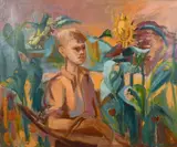 British, A scene of a boy holding a basket in a field of sunflowers by Phyllis Bray, oil on canvas, offered Apr 2021