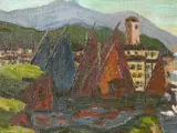 German, Boats in a lagoon with buildings beyond by Fritz Scherer, oil on panel, offered Apr 2021