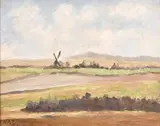 British, A scene of a windmill in a rolling landscape by Hugh Boycott-Brown, oil on board, sold Apr 2021