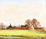 British, A scene of farm buildings in a landscape by Hugh Boycott-Brown, oil on board, sold Apr 2021