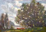 British, A study of trees by a lake with rowing boats in the foreground by John Brown, oil on board, offered Apr 2021