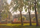 British, A scene of a country house with trees in the foreground by John Brown, oil on panel, offered Apr 2021