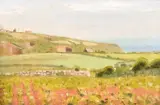 British, Farm buildings by the coast with wildflowers in the foreground by Robert Morson Hughes, oil on panel, sold Apr 2021