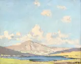 British, A mountain lake in an extensive landscape by Hugh Boycott-Brown, oil on board, sold Apr 2021