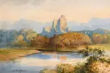 A view of castle ruins on a hilltop with a river and grazing sheep by J MacDiarmid, watercolour, offered Apr 2021