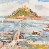 The Mount' a view of figures on the walkway at St by Simeon Stafford, oil on board, sold Apr 2021