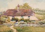 British, A country cottage with a garden in bloom with a seated female figure in the foreground by H. Hughes Richardson, watercolour, sold Apr 2021