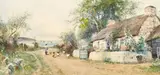 British, Woman feeding chickens by a cottage with a coastal view beyond by Joseph Hughes Clayton, watercolour, sold Apr 2021